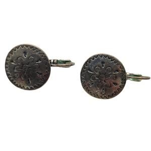 Vintage 1960s Clip On Earrings Silver Tone Disc Front Embossed